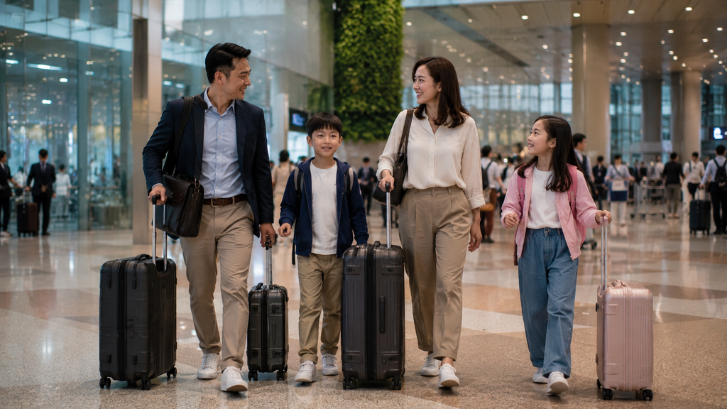Keluarga Indonesia tiba di Changi Airport untuk perjalanan Singapore