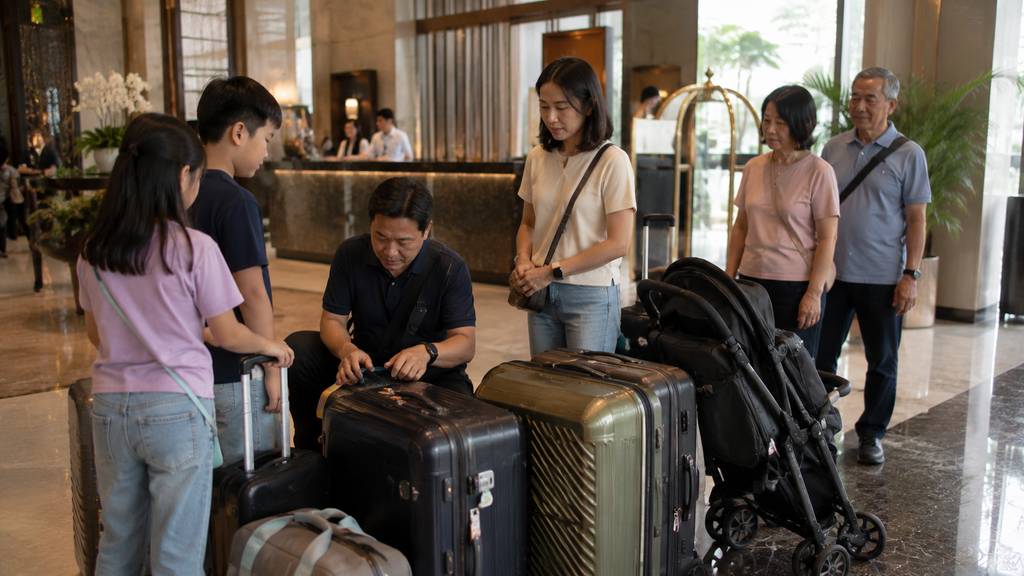 Keluarga Indonesia menyiapkan koper di hotel sebelum berangkat ke Changi Airport