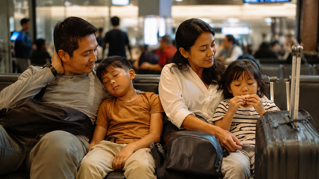 Keluarga Indonesia beristirahat bersama anak saat layover