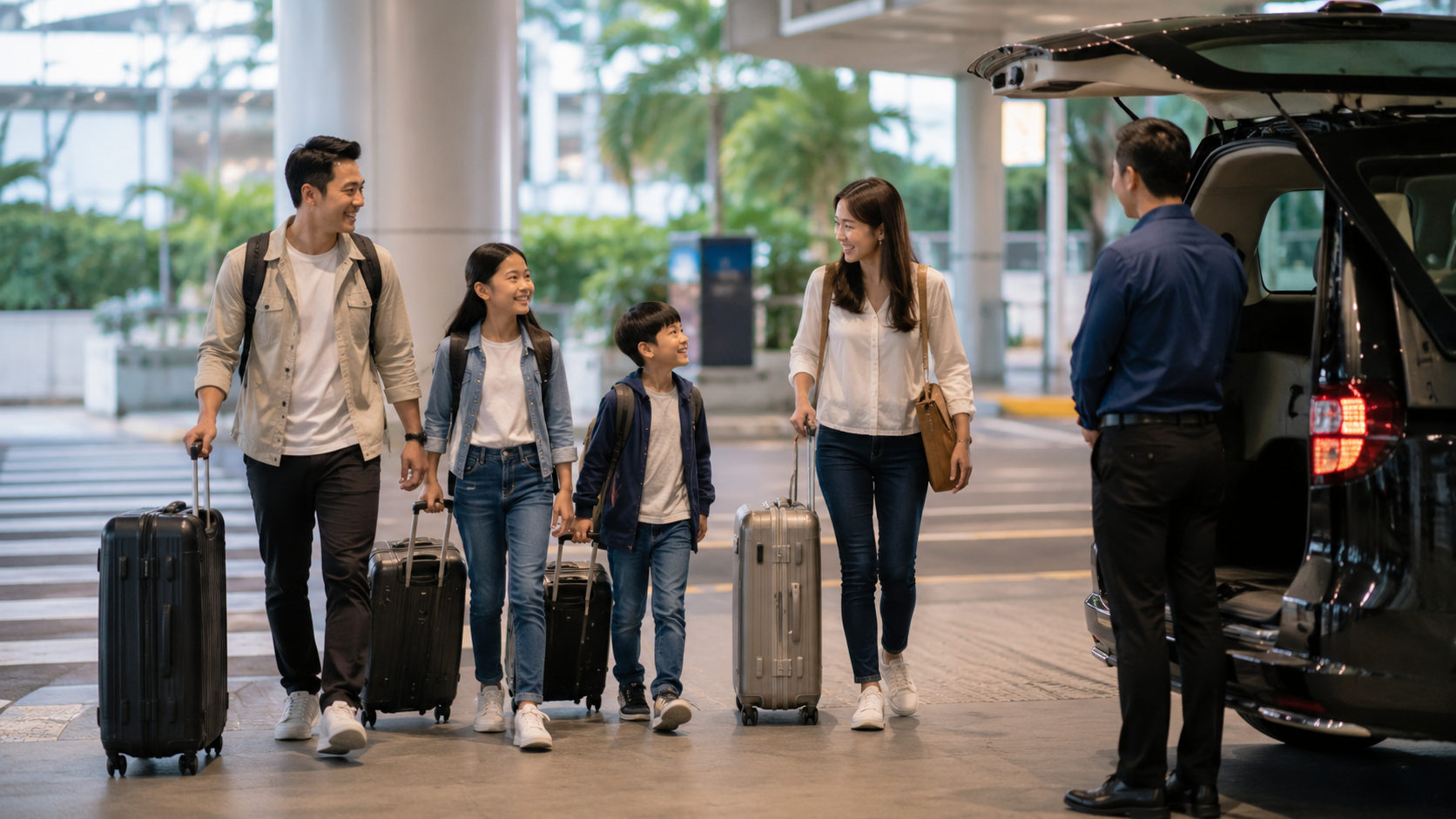Keluarga Indonesia menggunakan transportasi dari Changi ke Marina Bay Cruise Centre
