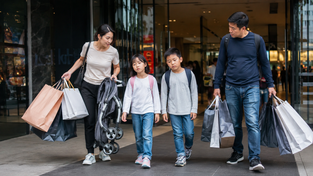 Keluarga membawa banyak barang setelah shopping di Kuala Lumpur