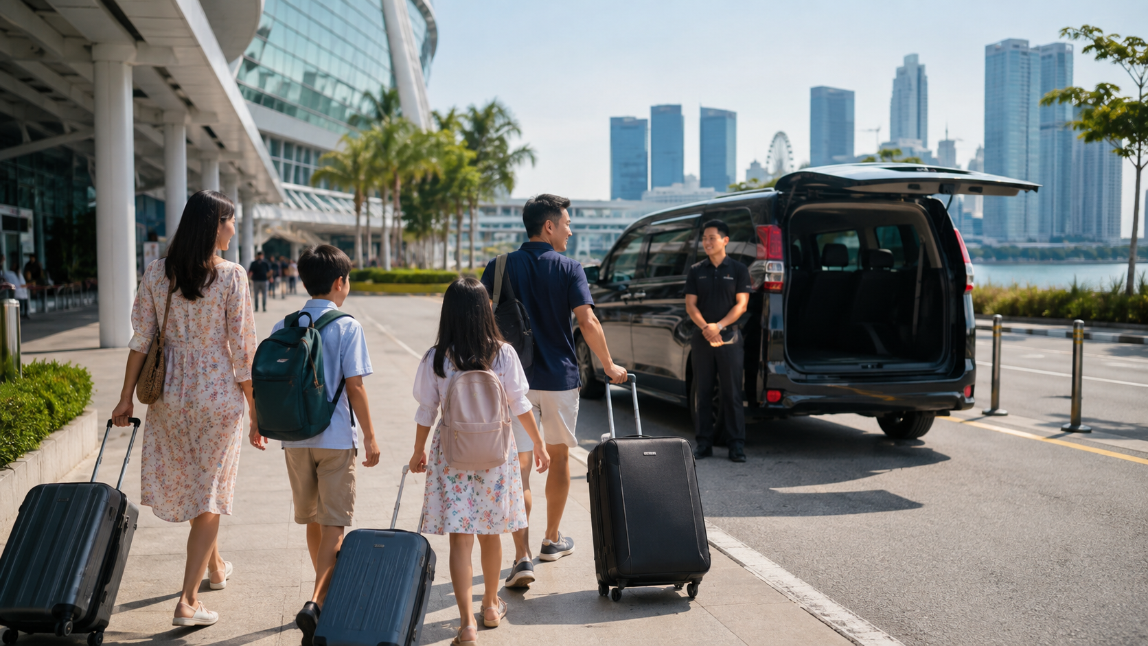 Keluarga Indonesia memulai city tour Singapore setelah turun cruise