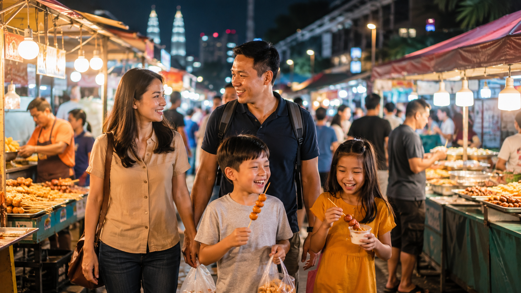 Keluarga Indonesia menikmati hidden gems night market di Kuala Lumpur pada malam hari.