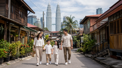 Keluarga Indonesia berjalan di Kampung Baru Kuala Lumpur dengan latar Menara Kembar Petronas