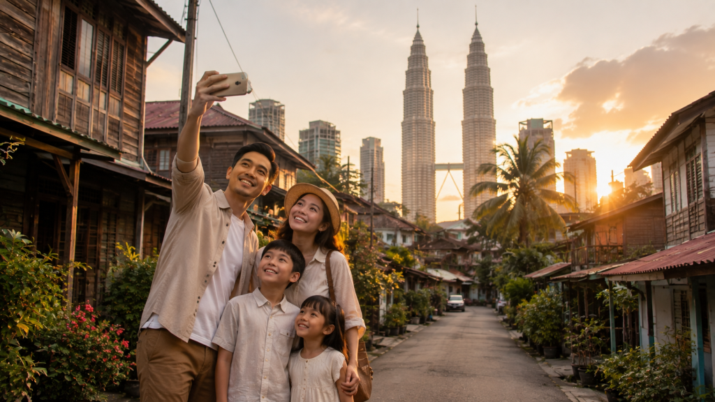 Keluarga Indonesia berfoto di Kampung Baru dengan latar Menara Petronas