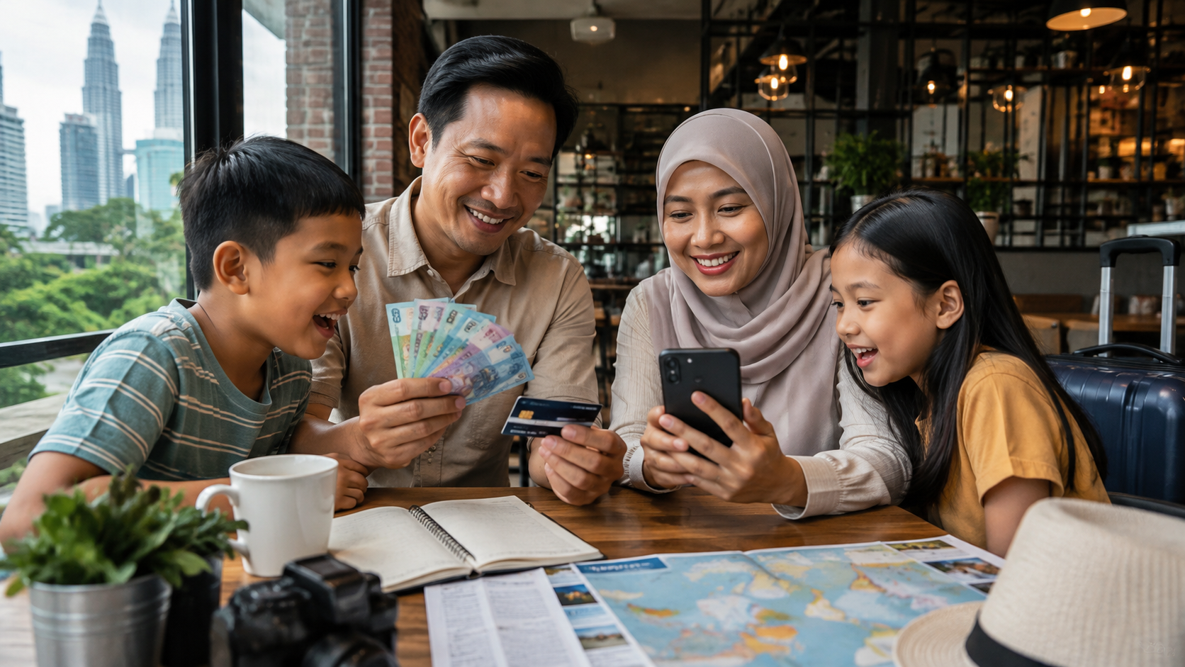 Keluarga Indonesia membandingkan uang tunai Ringgit dan pembayaran cashless sebelum liburan ke Malaysia.