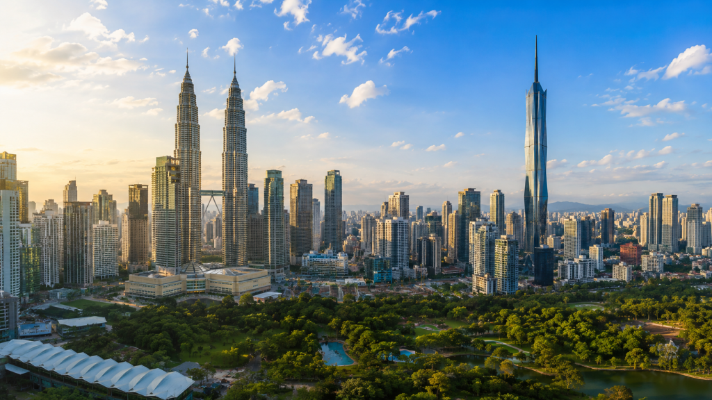 Panorama kota Kuala Lumpur dengan berbagai landmark terkenal.