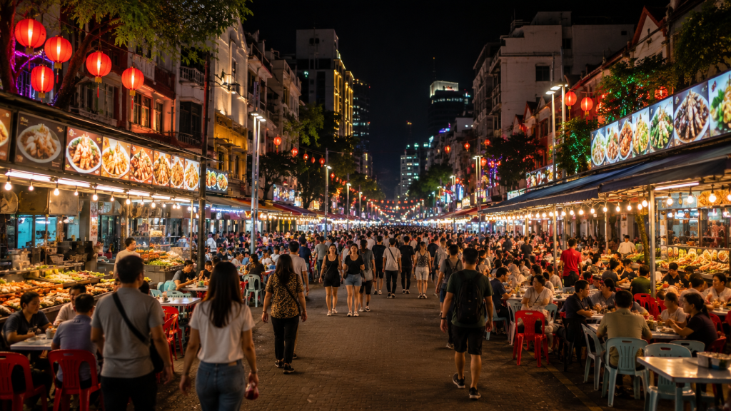 Suasana malam di Alor Street Kuala Lumpur yang dipenuhi restoran dan wisatawan