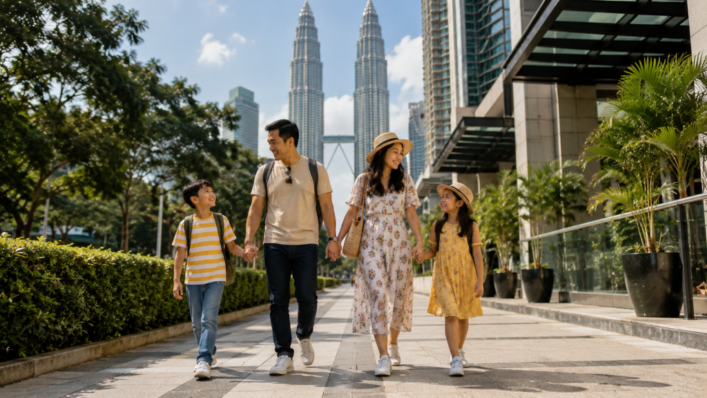 Keluarga Indonesia berjalan kaki dari hotel menuju tempat wisata Kuala Lumpur