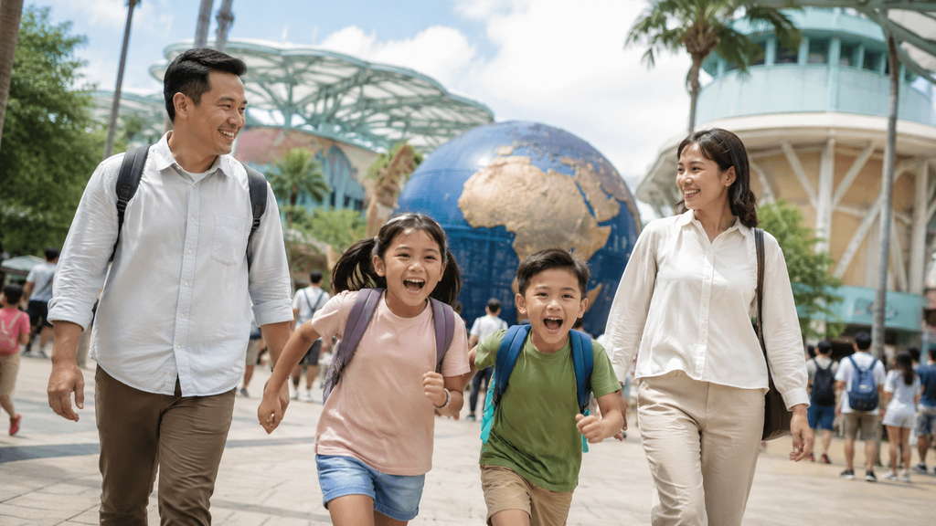 keluarga Indonesia tiba di Universal Studios Singapore setelah dari Changi Airport