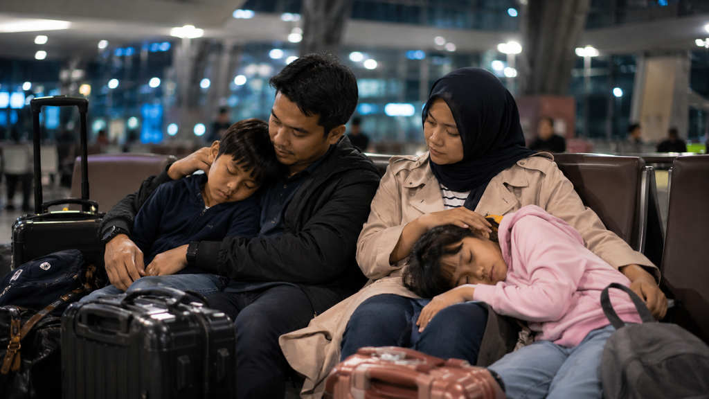 anak beristirahat bersama keluarga saat transit malam di bandara