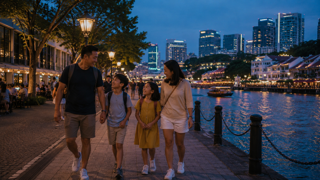 Keluarga menikmati jalan santai sore hari di Singapore River