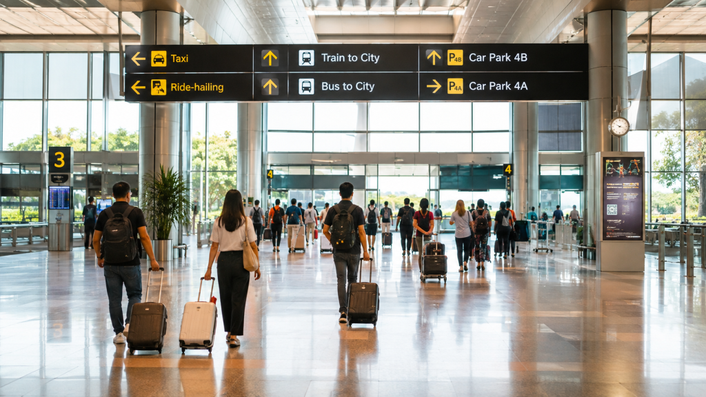 Area kedatangan Changi Airport dengan berbagai pilihan transportasi.