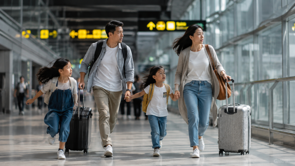 Keluarga Indonesia menuju boarding gate sebelum penerbangan ke Singapore.