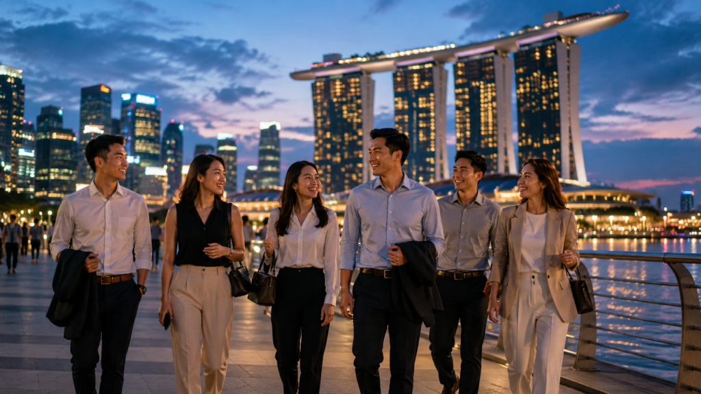 Rombongan perusahaan Indonesia menikmati suasana Marina Bay Singapore setelah meeting.