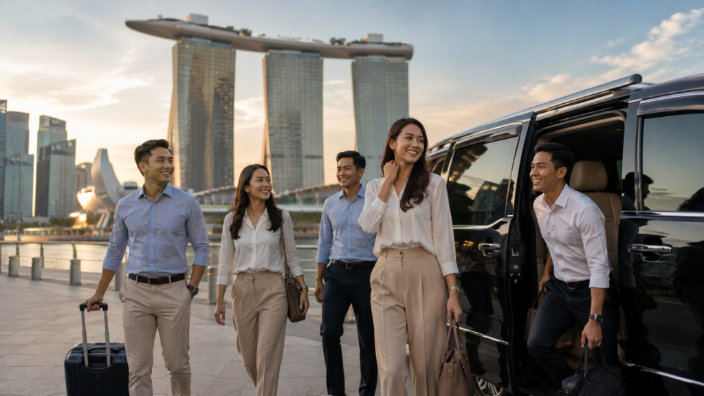 Rombongan company trip tiba di Marina Bay Sands Singapore.
