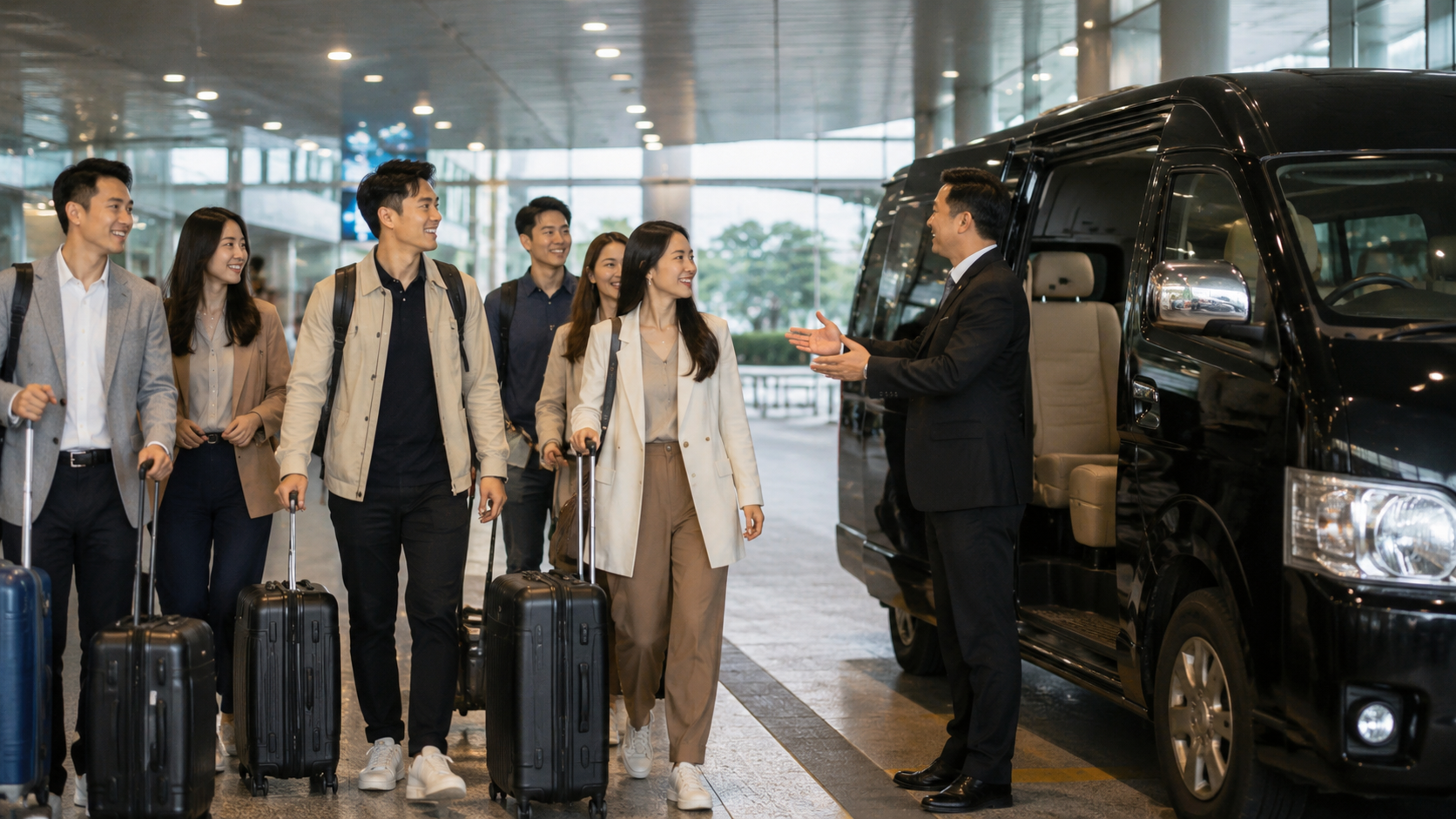 Rombongan kantor Indonesia menuju Toyota HiAce private charter setelah tiba di Changi Airport Singapore
