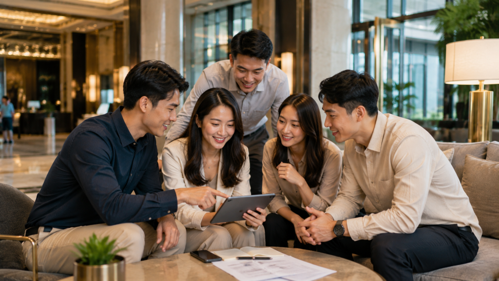 Tim perusahaan Indonesia merencanakan transportasi company trip di hotel Singapore