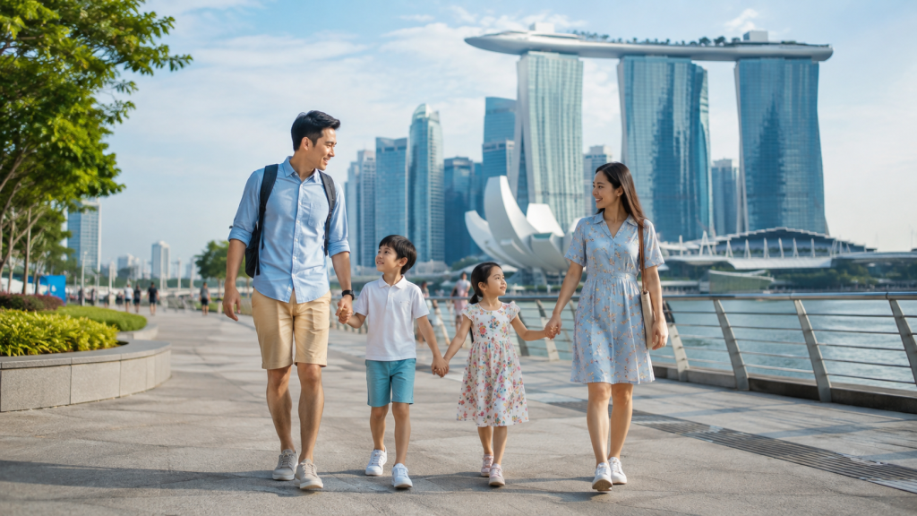 Keluarga Indonesia berjalan dari hotel menuju Marina Bay Singapore