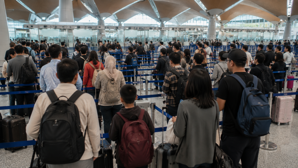 antrean imigrasi Malaysia saat periode perjalanan ramai