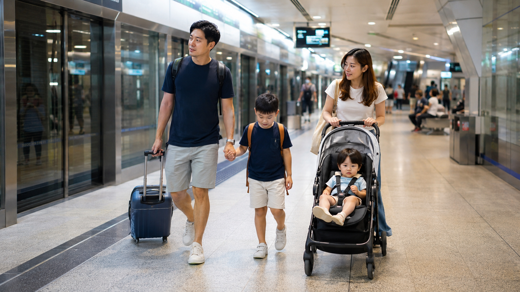 Keluarga Indonesia menggunakan MRT Singapore bersama anak dan stroller
