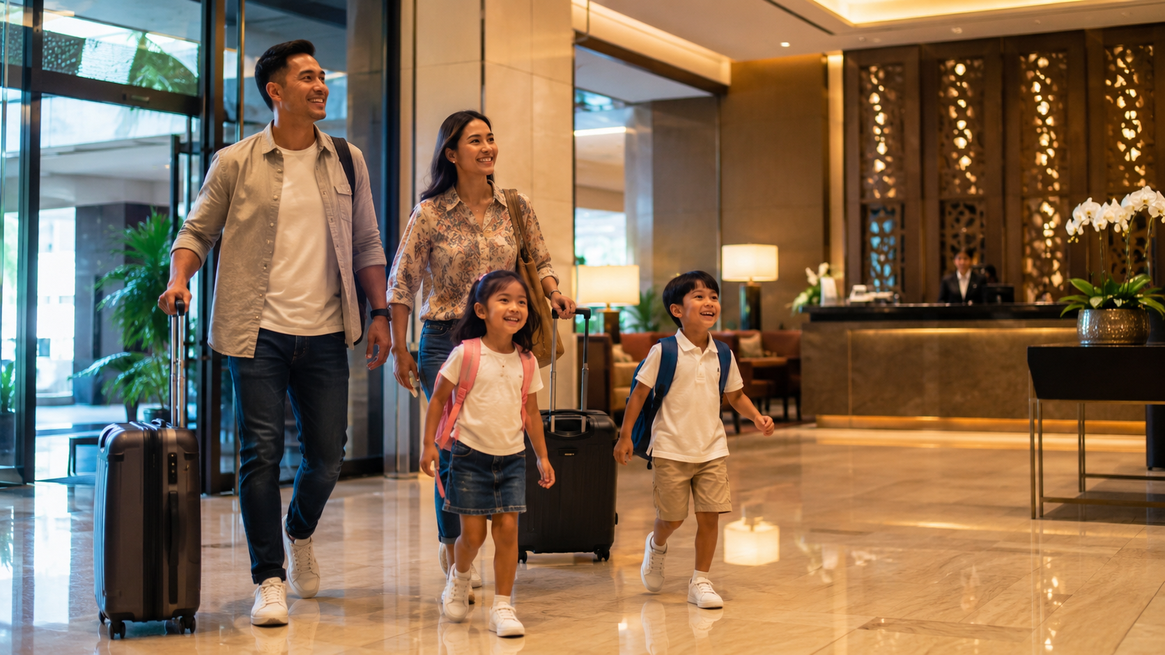 Keluarga Indonesia tiba di hotel Johor Bahru untuk liburan bersama anak