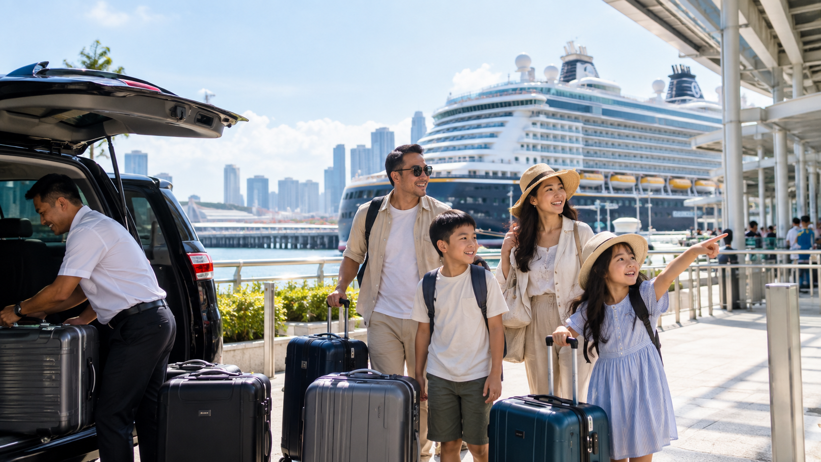 Keluarga Indonesia menuju Disney Adventure Singapore dari cruise terminal