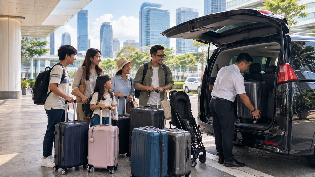 Van untuk keluarga dengan banyak koper menuju Disney Cruise Singapore