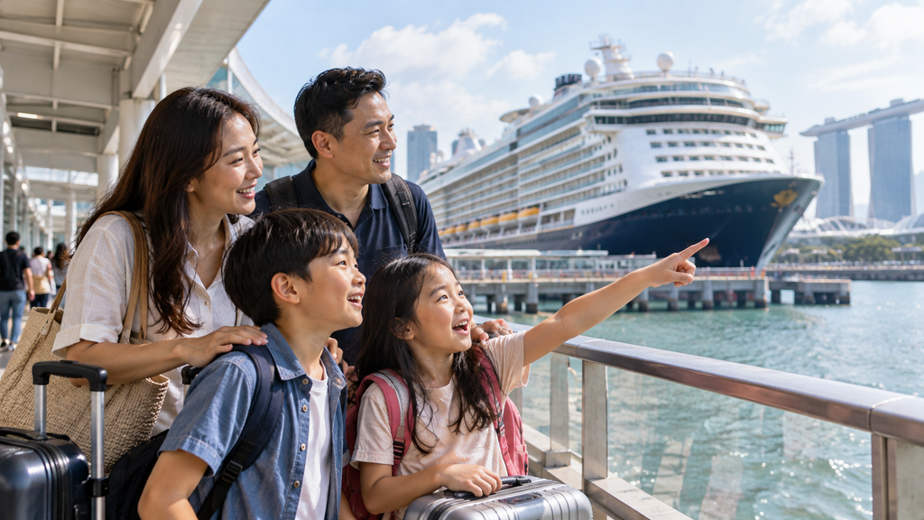 Anak melihat kapal cruise sebelum liburan keluarga di Singapore