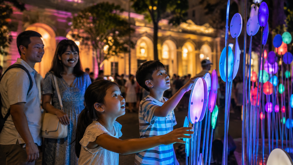 Anak menikmati instalasi cahaya Singapore Night Festival