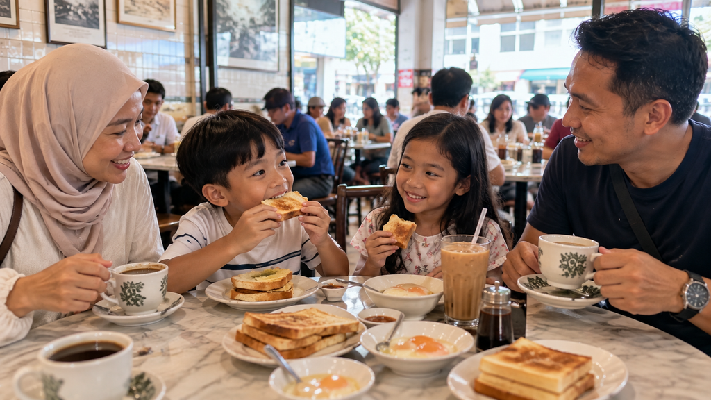 keluarga menikmati sarapan khas Singapore dengan kaya toast