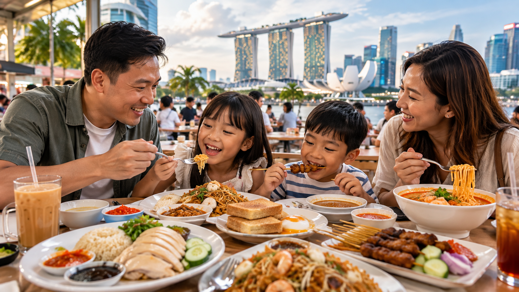 Keluarga Indonesia menikmati food trip dan makanan lokal Singapore