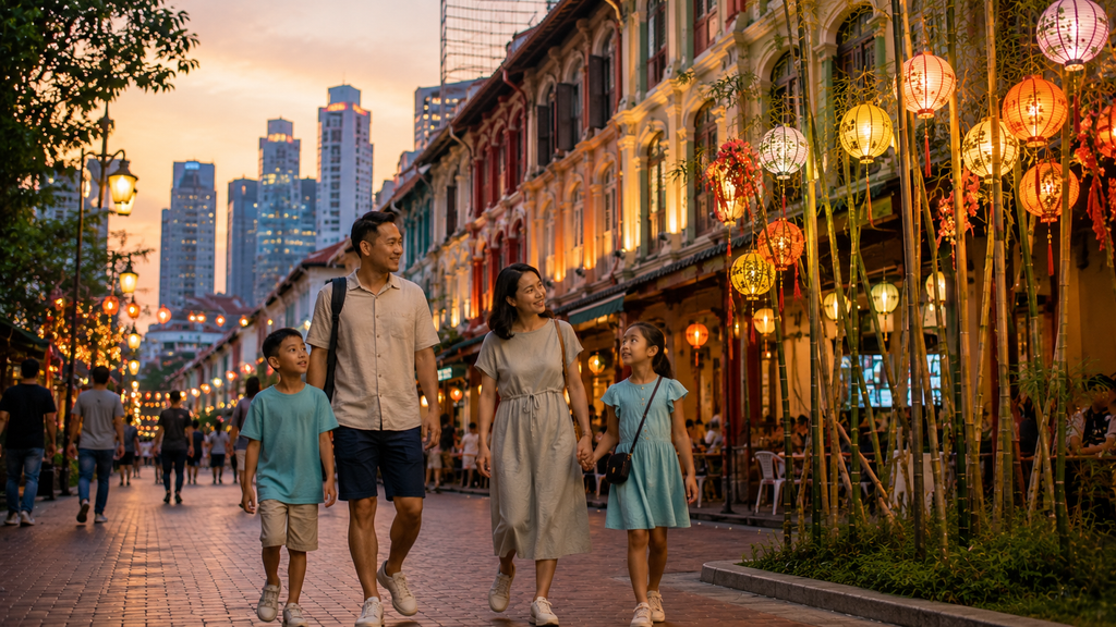 Suasana sore menuju malam di Chinatown Singapore bersama keluarga