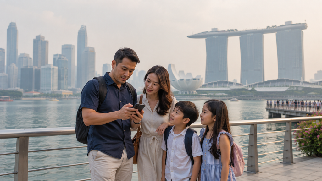keluarga mengecek kondisi kabut asap Singapore sebelum wisata