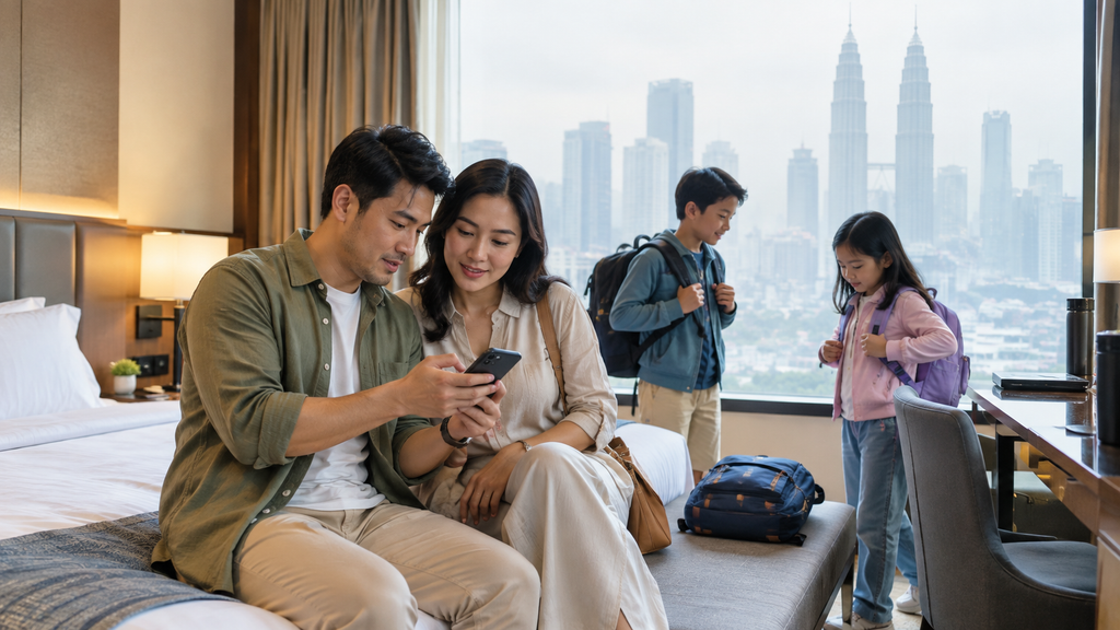 Keluarga mengecek itinerary Kuala Lumpur saat kondisi kabut asap