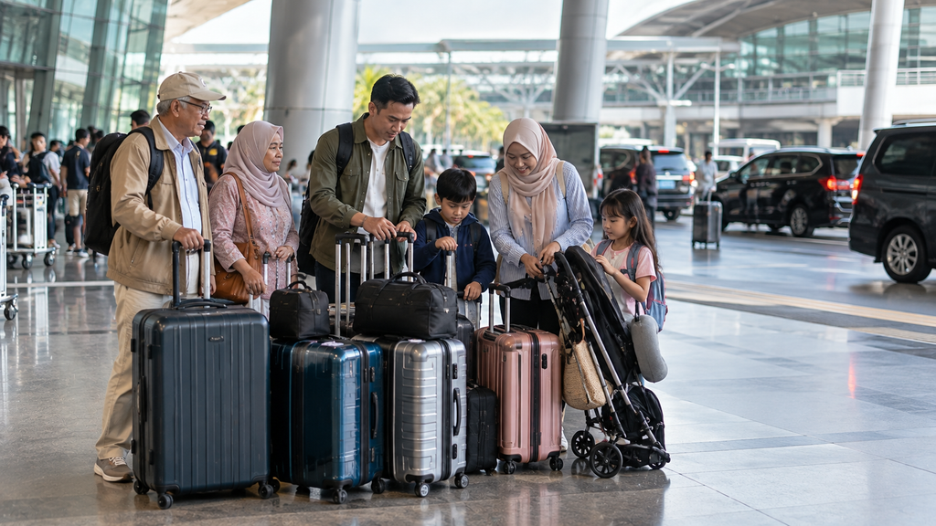 Rombongan keluarga dengan banyak koper saat tiba di KLIA