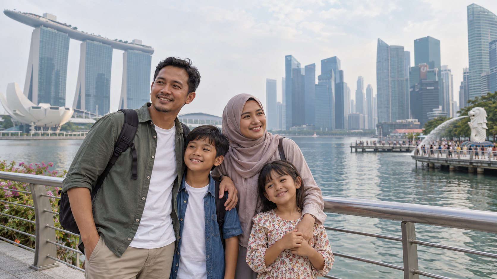 Keluarga Indonesia di Marina Bay Singapore dengan skyline berkabut tipis