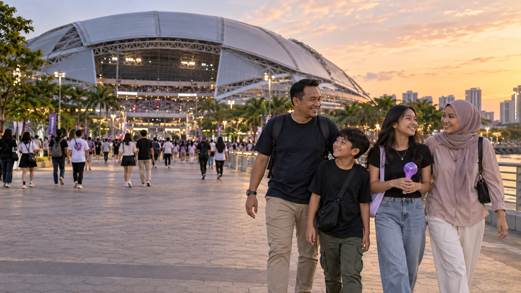 Keluarga Indonesia berjalan di kawasan National Stadium Singapore menjelang malam