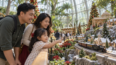 Anak bersama orang tua mengamati kereta mini dengan dekorasi Natal