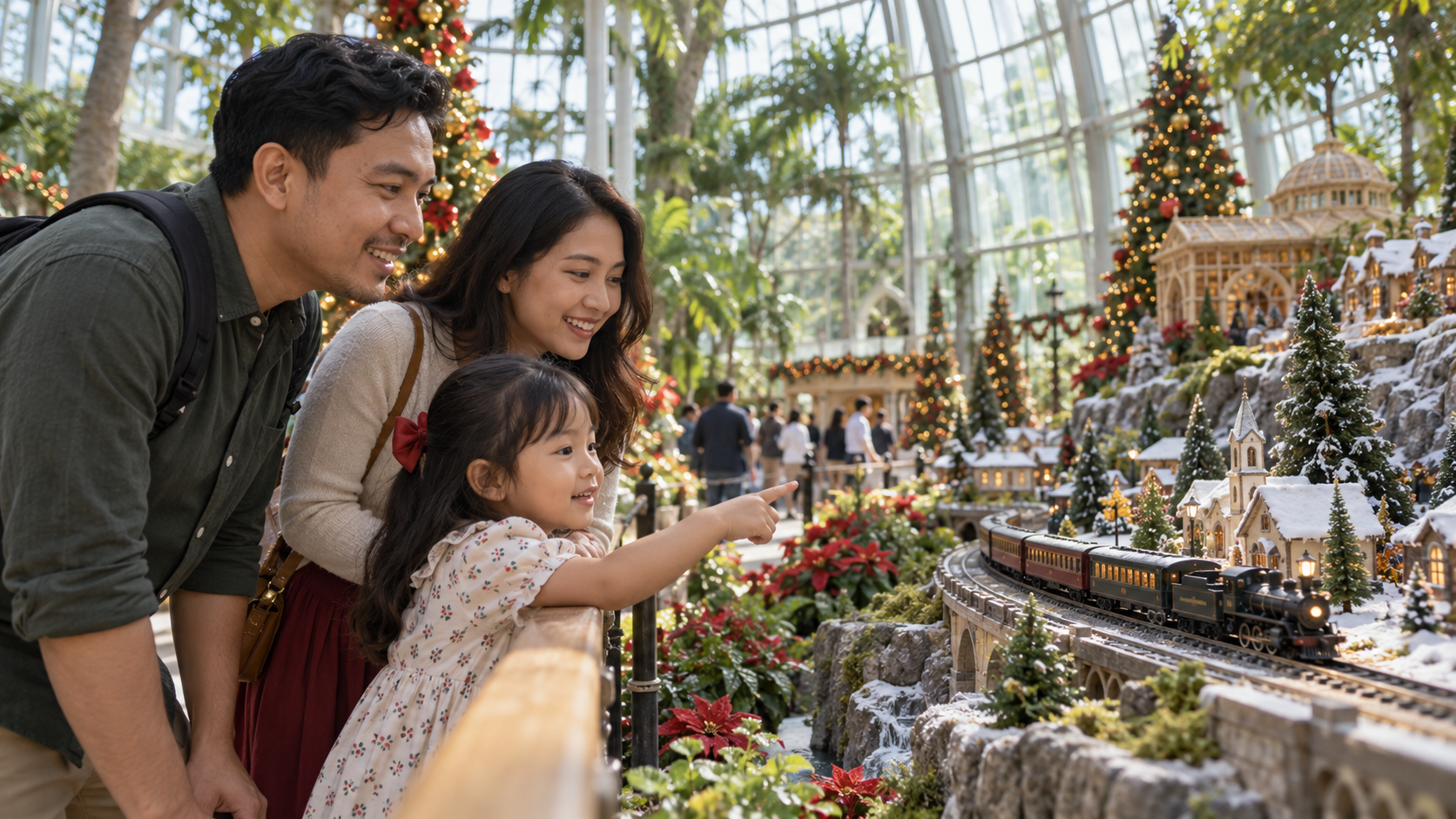 Anak bersama orang tua mengamati kereta mini dengan dekorasi Natal