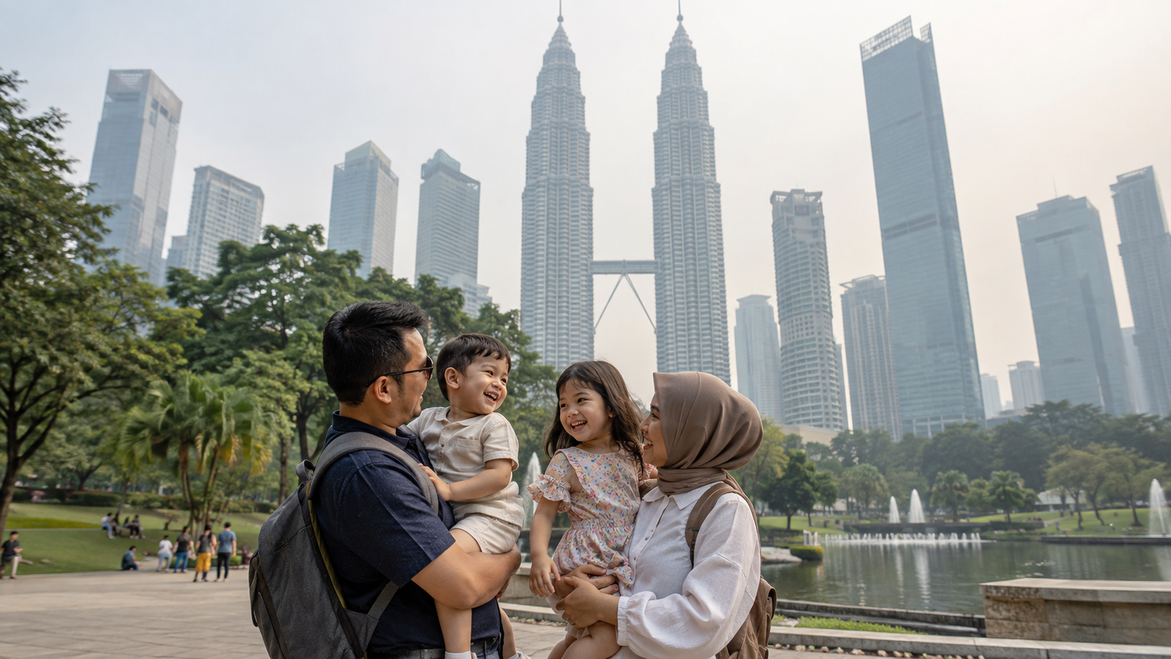 Liburan keluarga Indonesia di Kuala Lumpur saat haze dengan latar Petronas Twin Towers.